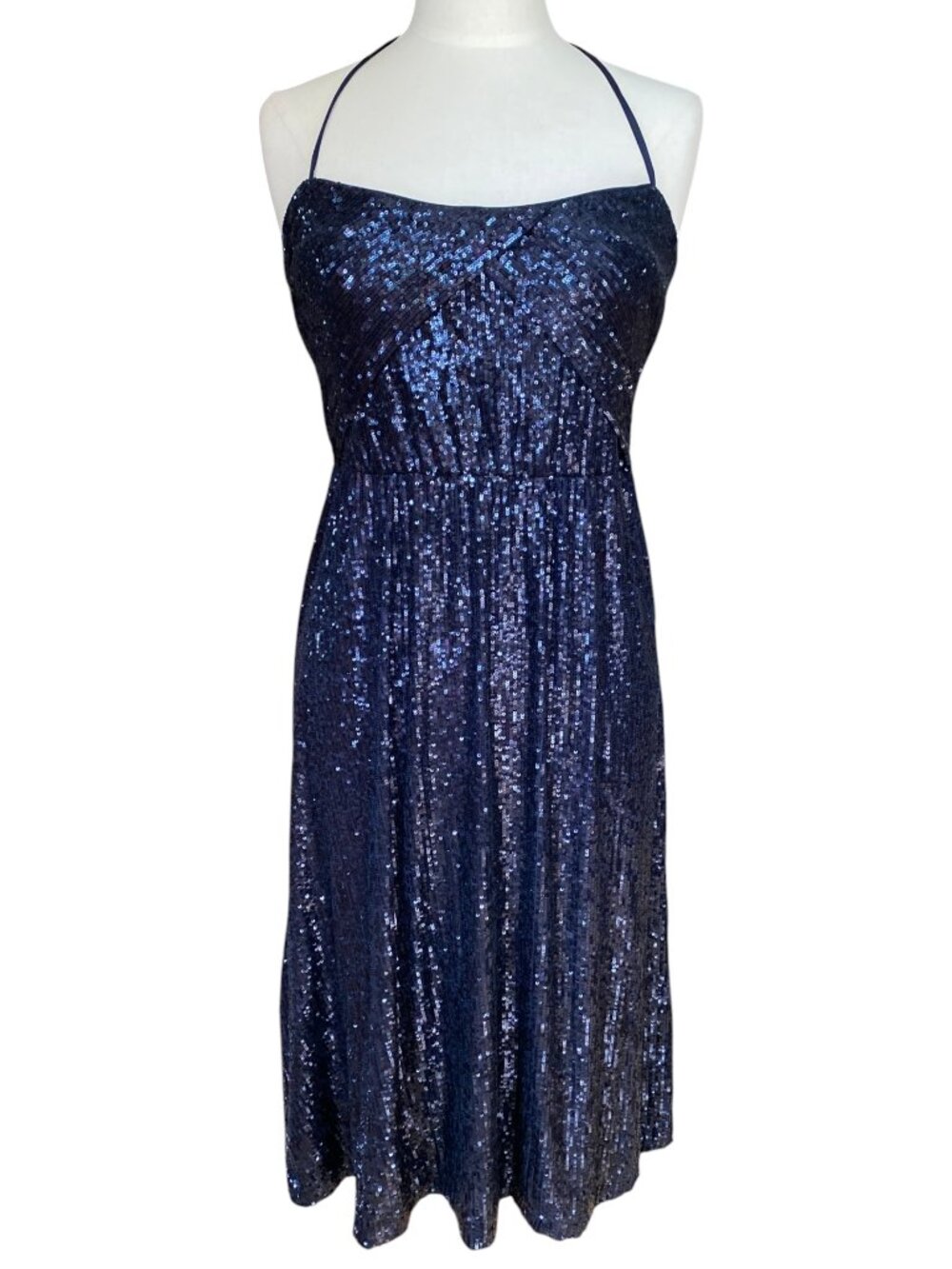 Express Black Sequined Halter Midi Dress Crisscross Empire Waist Glam Party-S